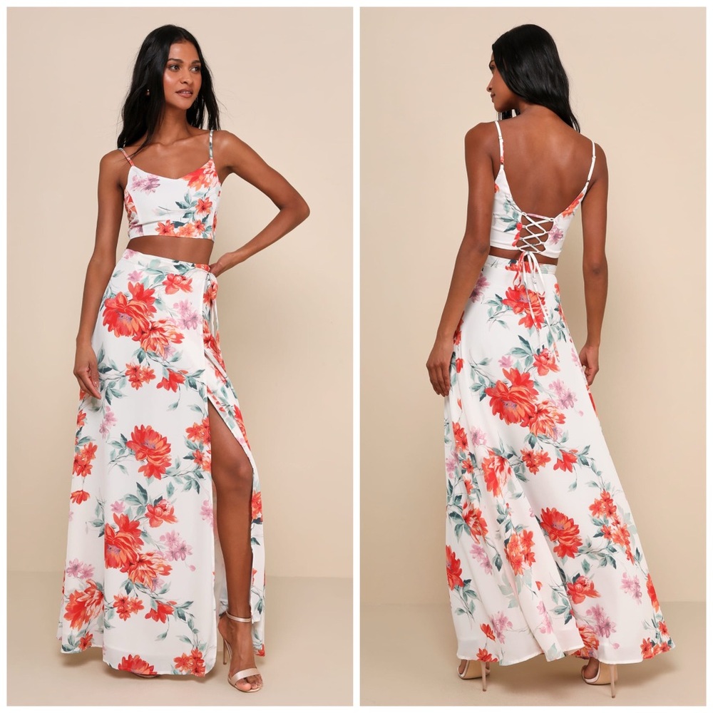 Lulus “Bloom With a View” White Floral Two-Piece Maxi Dress | Size M